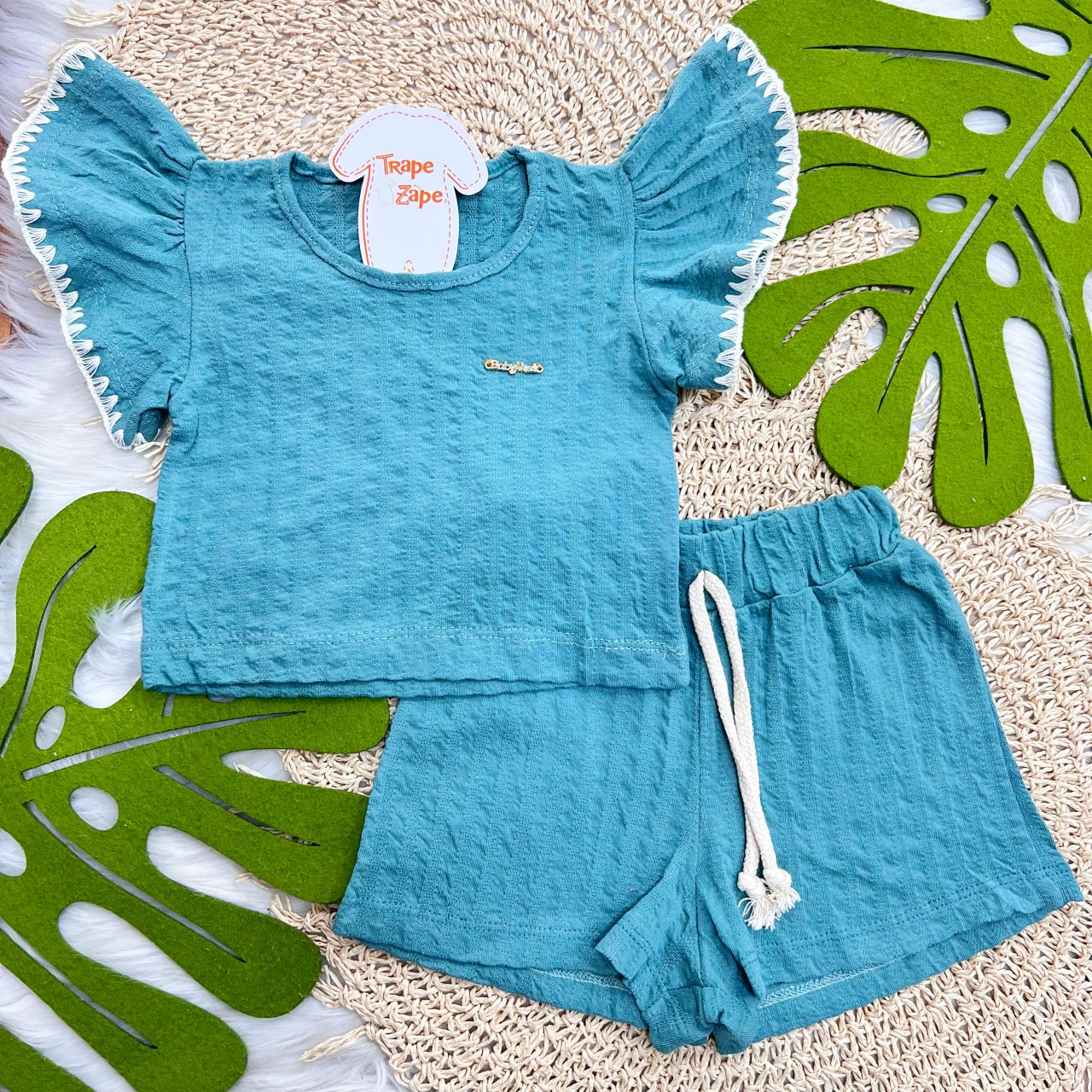 Conj. Blusa Mangas Maiores  Crochê e Short - Verde
